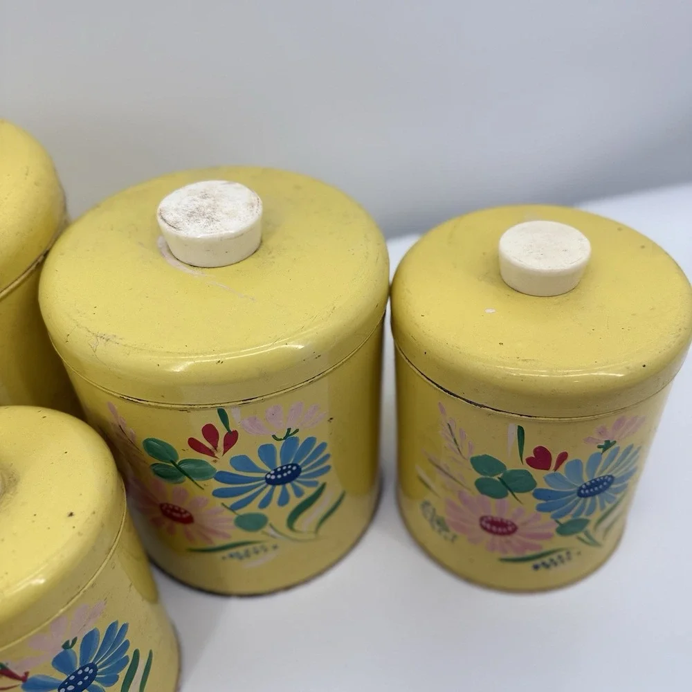 Ransburg Vtg Kitchen Metal Canisters Set of 4 Hand Painted  Yellow Flowers